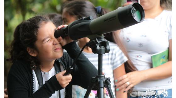 Niña mirando aves y la naturaleza con telescopio