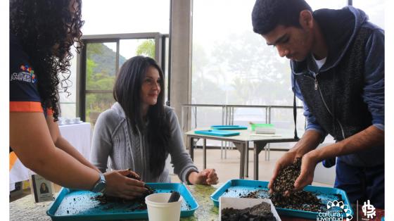 Tres jóvenes creando abono, mientras uno de ellos vierte como tierra en un recipiente 