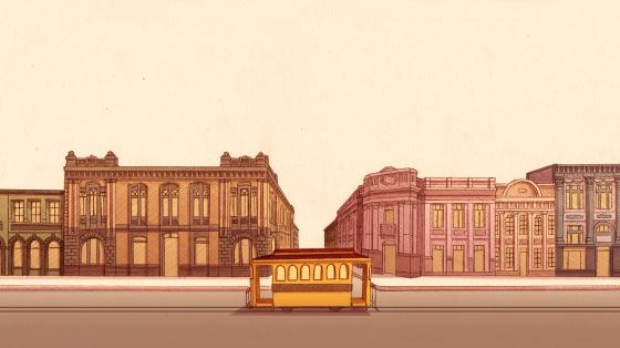 Avenida central con calle 1Dibujo en grafito coloreado digitalmente. 2019. Arturo Rodríguez Segura.