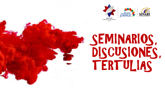 Mancha roja en la parte derecha con el título Seminarios, discusiones, tertulias; sobre un fondo blanco y con el logo oficial