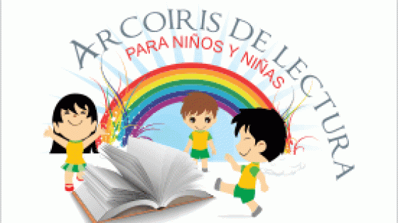 Caricatura de tres niños jugando alrededor de un libro y detrás de ellos un arco iris con el texto: Arco iris de lectura