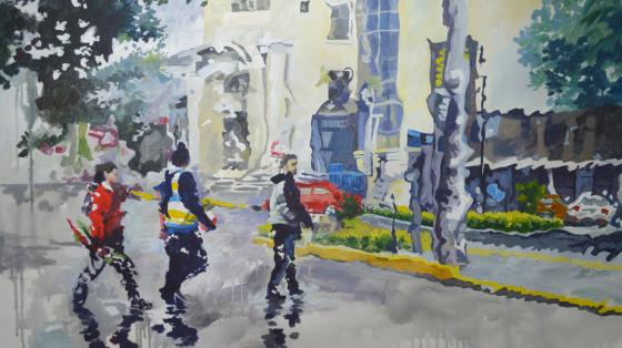 Domingo de lluvia, acrílico de Osvaldo Sequeira.