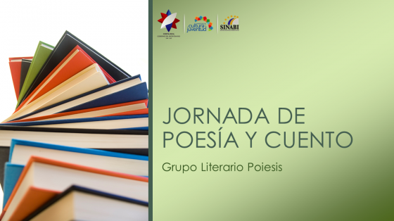 En la parte izquierda de la imagen un grupo de libros pilados y a la derecha el texto: Jornada de poesía y cuento