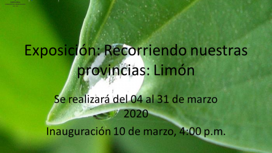 Exposición "Recorriendo nuestras provincias: Limón" Hola verde con una gota de agua a punto de caer y el banner: Exposición "Recorriendo nuestras provincias: Limón"