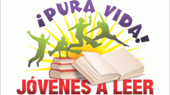 Caricatura con la silueta de cuatro jóvenes jugando alrededor de un libro y el texto:¡Pura vida jóvenes a leer! 