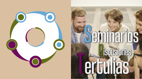 Tertulia Tres jóvenes en la parte derecha de la imagen conversado y a la izquierda el banner: Seminarios, tertulias