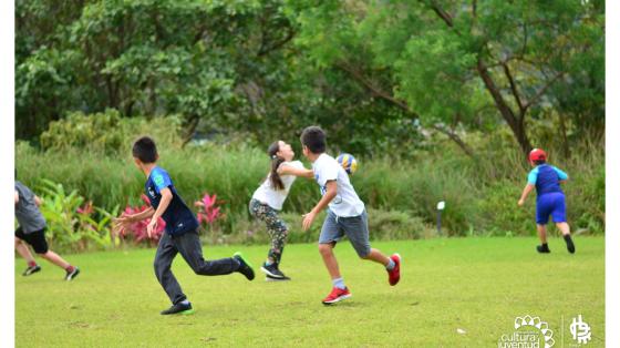 Matrícula Talleres Virtuales de Vacaciones de medio año Cuatro niños jugando con un balon, en un espacio verde