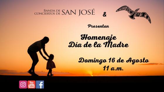 Evento musical: "Homenaje al Día de las Madres" de la Banda de Conciertos de San José Mujer madre acompaña camina de la mano de su hija o hijo con luz de atardecer
