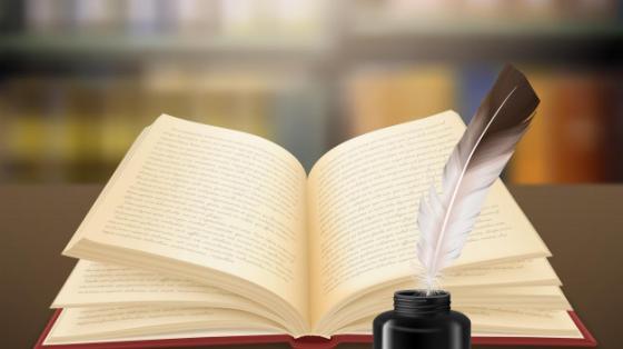 Palabras viajeras: recitales-conversatorios bilingües con las poetas: Addy Salas, Karla Sterloff, Seidy Salas y la traductora Stephanie Saunders Libro abierto con una pluma encima