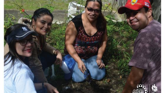 Cuatro profesores sentados en un área verde durante un taller de Educación para el Desarrollo Sostenible