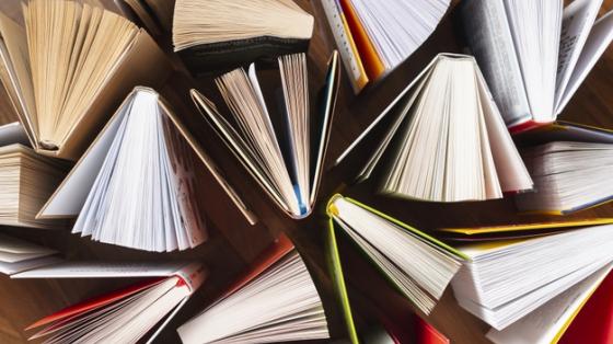 Vista superior de libros abiertos sobre una mesa
