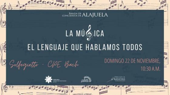 Evento musical: “La Música, el leguaje que hablamos todos” Homenaje a Santa Cecilia - Banda de Conciertos de Alajuela recuadro de colores con información del concierto