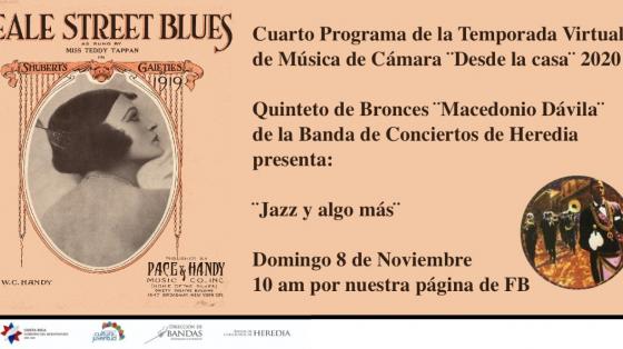 Evento musical: Cuarto Programa de la Temporada Virtual de Música de cámara 2020 "Jazz y algo más" a cargo del Quinteto de Bronces "Macedonio Dávila" de la Banda de Conciertos de Heredia mujer de perfil con músicos de jazz