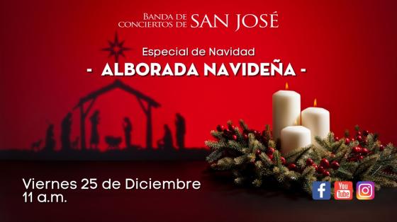 Evento musical: Especial de Navidad "Alborada navideña" - Banda de Conciertos de San José pasito navideño con fondo rojo