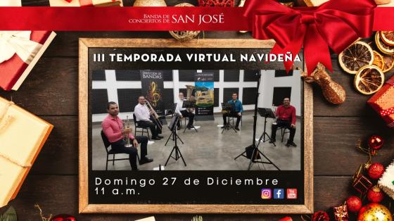 vento musical: "III Temporada virtual navideña" Quinteto de Bronces - Banda de Conciertos de San José músicos sentados con sus instrumentos