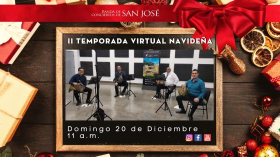 Evento musical: II Temporada virtual navideña - Cuarteto de Cornos de la Banda de Conciertos de San José cuarteto de músicos sentados con sus cornos