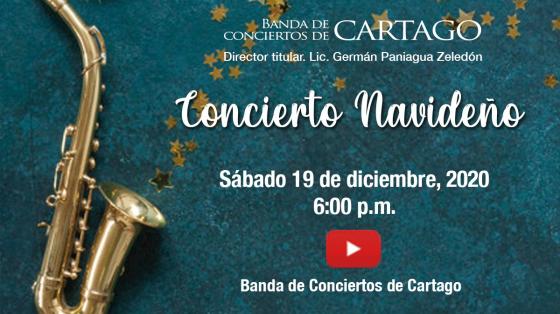 Evento musical: "Concierto navideño"- Banda de Conciertos de Cartago saxofón con fondo azul y borlas navideñas