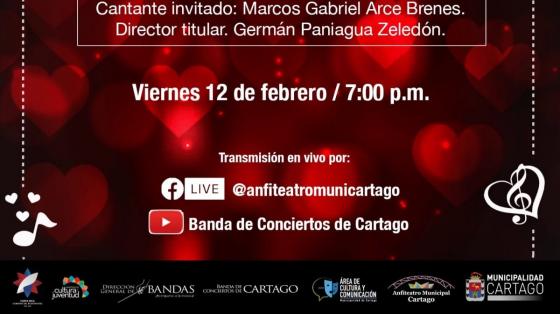 Evento musical: “Concierto en celebración al Amor y la Amistad” - Banda de Conciertos de Cartago letras blancas anunciando el evento con fondo rojo y rosa de corazones