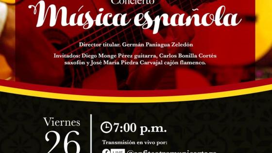 Evento musical: “Concierto de Música Española” - Banda de Conciertos de Cartago letras con fondo rojo y amarillo
