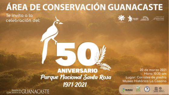Concierto Especial "50 años del Parque Nacional Santa Rosa" - Banda de Conciertos de Guanacaste fondo dorado del cielo con el número 50 años de celebración
