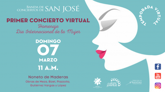 Primer Concierto Virtual "Homenaje Día Internacional de la Mujer" - Noneto de Mujeres de la Banda de Conciertos de San José Animación de un mujer con celeste de fondo