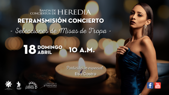Concierto: Selecciones de Misas de Tropas - Banda de Conciertos de Heredia Cantante Elsa Castro con vestido azul y unas velas de fondo