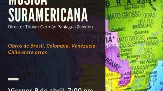Concierto Especial "Música Suramericana" - Banda de Conciertos de Cartago letras blancas con fondo negro sobre mapamundi