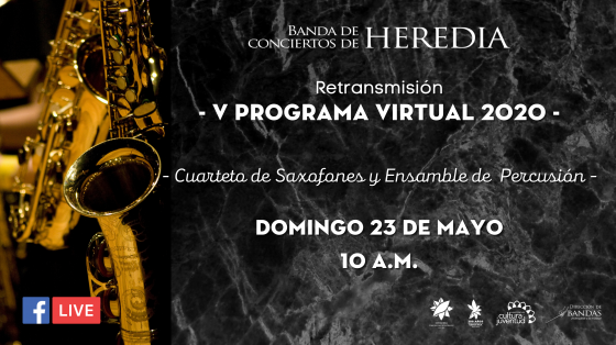 Concierto: Retransmisión V Programa Virtual 2020 - Banda de Conciertos de Heredia Foto de saxofón con fondo negro