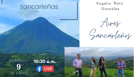 Concierto: "Aires Sancarleños" de Rogelio "Ñato" González - Ensamble de Clarinetes de la Banda de Conciertos de Alajuela Paisaje de volcán arenal con músicos en una pradera
