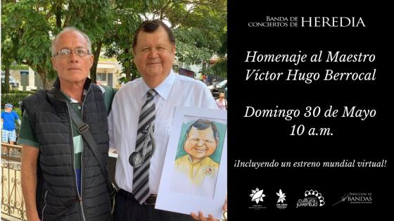 VI Programa Virtual: Estreno mundial de ¨Siempre Adelante¨ de Víctor Hugo Berrocal - Banda de Conciertos de Heredia Foto de Don Víctor Hugo Berrocal sosteniendo una caricatura que le obsequiaron