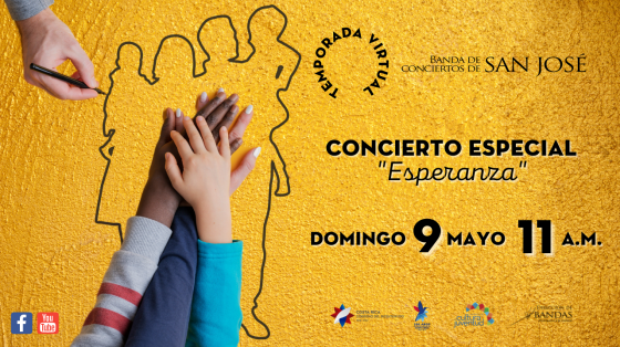 Concierto: "Color Esperanza" - Banda de Conciertos de San José manos de niños y adultos juntos con fondo amarillo y siluetas de color