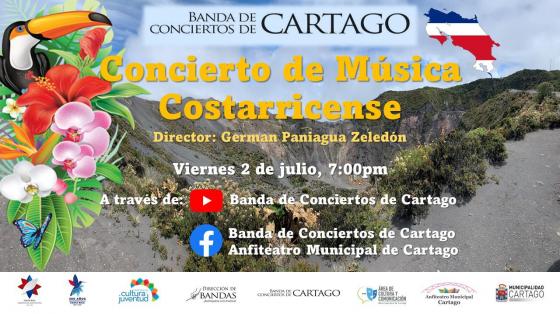 Concierto: "Música Costarricense" - Banda de Conciertos de Cartago Hermoso paisaje de Costa Rica con tucan entre flores y bandera nacional