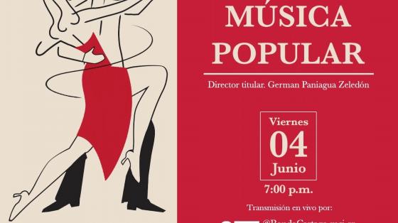 Concierto: Música Popular - Banda de Conciertos de Cartago Dibujo en colores rojo y negro de una pareja bailando