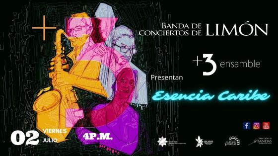 Concierto: "Música costarricense: fusión de ritmos afrodescendientes y armonías no tradicionales" - Banda de Conciertos de Limón. Collage de imágenes de colores con músicos tocando