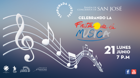 Concierto: "Celebrando La Fiesta de la Música (Fête de la Musique)" - Banda de Conciertos de San José notas musicales blancas con un fondo celeste