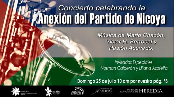 Concierto: "Celebración de la Anexión del Partido de Nicoya" - Banda de Conciertos de Heredia Bandera con saxofón de fondo