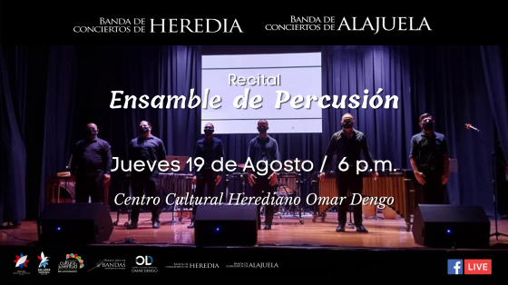 Concierto: Segundo recital de las secciones de percusión de Banda de Heredia y Banda de Conciertos de Alajuela músicos percusionistas en escenario