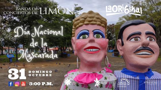 Concierto Especial a la Mascarada Tradicional Costarricense - Banda de Conciertos de Limón pareja de mascaradas coloridas
