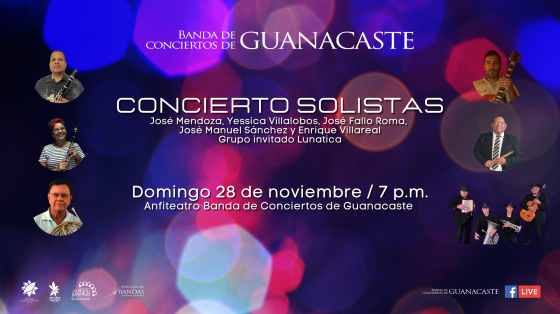 Concierto Especial solistas de la Banda de Conciertos de Guanacaste Afiche con fotografías de los 6 músicos a cada lado