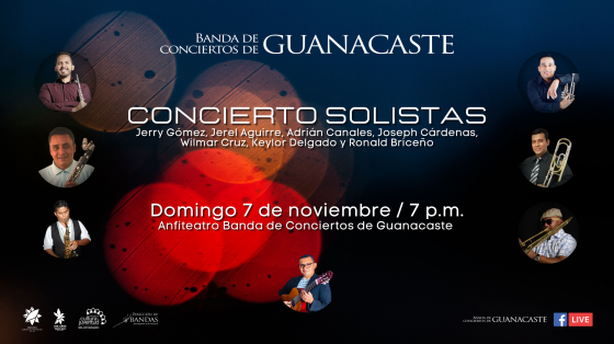 Concierto Especial de Solistas - Banda de Conciertos de Guanacaste fondo oscuro con luces de colores y fotografías de los 6 músicos solistas a los lados