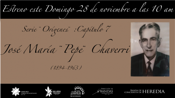 Concierto de Estreno - Capítulo 7 de la Serie "Orígenes" sobre el compositor herediano "Pepe" Chaverri - Banda de Conciertos de Heredia Fotografía de Pepe Chaverri con fondo negro y café