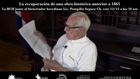 Concierto: "Las Batallas de Santa Rosa y Rivas" con reseña histórica de Pompilio Segura - Banda de Conciertos de Heredia Fotografía del Historiador Pompilio Segura leyendo partitura musical