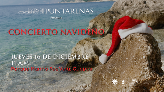 Concierto Navideño de Extensión en Parque Marino "Pez Vela" Quepos - Banda de Conciertos de Puntarenas sombrero de Santa Claus sobre rocas marinas