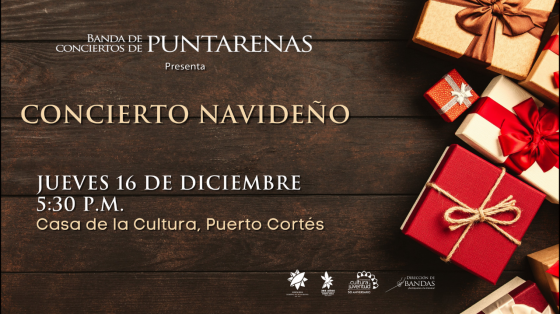 Concierto Navideño en Casa de la Cultura Puerto Cortés - Banda de Conciertos de Puntarenas regalos navideños sobre mesa de madera