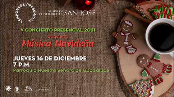 Concierto Especial de Música Navideña - Banda de Conciertos de San José galletas navideñas junto a taza de café con títulos alusivos a la navidad