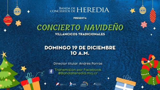 Concierto Especial Navideño - Banda de Conciertos de Heredia fondo azul con arbolitos navideños y adornos navideños