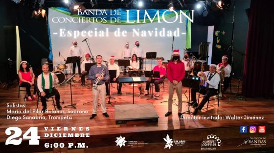 Concierto: "Especial de Navidad" - Banda de Conciertos de Limón ensamble de la BCL con luces festivas en escenario