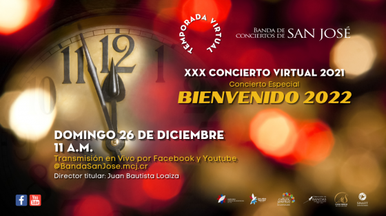 Concierto Especial Bienvenido 2022- Banda de Conciertos de San José Reloj de fondo con luces navideñas alrededor
