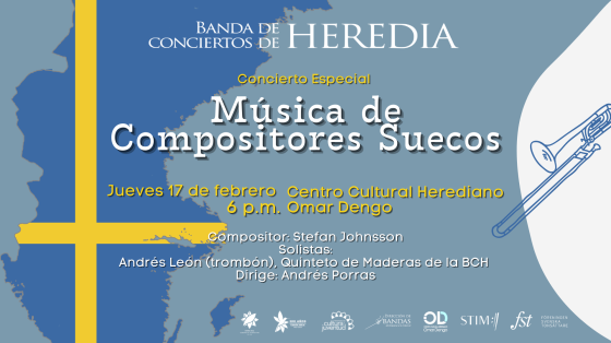 Concierto Especial: Música de Compositores Suecos en el marco del Día de la Amistad - Banda de Conciertos de Heredia mapa de suecia con colores de bandera y un trombón color azul
