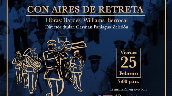 Concierto: "Con Aires de Retreta" - Banda de Conciertos de Cartago dibujo de músicos caminando mientras tocan sobre fondo azul